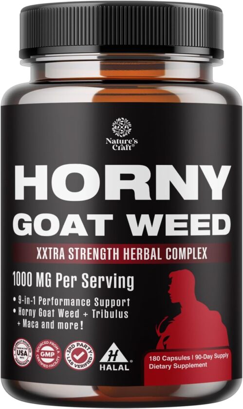 Horny Goat Weed for Men Enhancement – Extra Strength Male Enhancing Supplement with Black Maca Root, Tongkat Ali, Saw Palmetto & Panax Ginseng Extract for Stamina & Energy – 180 Capsules