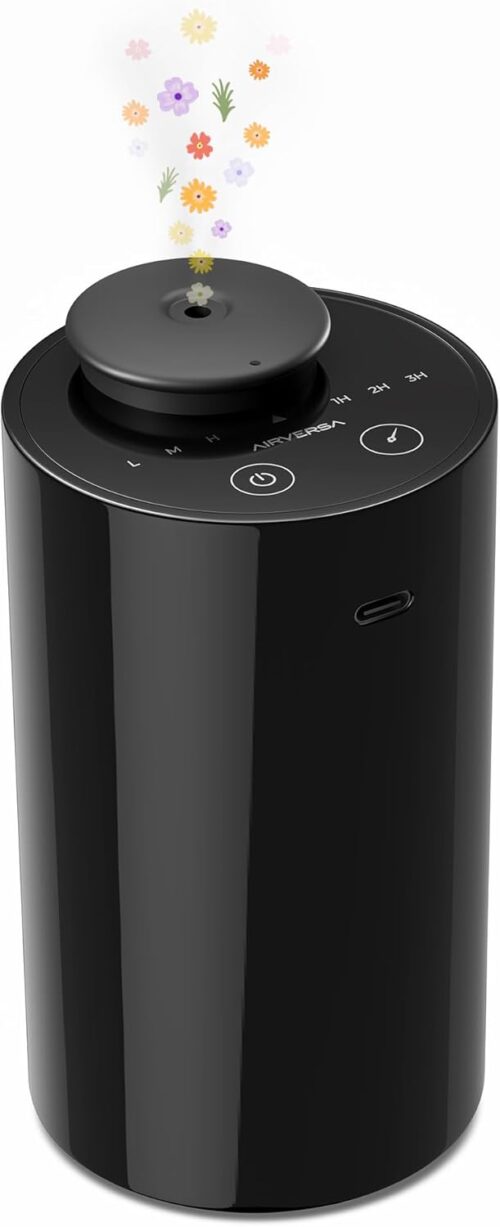Waterless Diffuser for Essential Oil, Battery Operated Nebulizer, 0.7 Fl.Oz./ 20mL Capacity, Mini Scent Air Machine, 4 Timers & 3 Mist Levels for Home, Room, Car, Office – AN6 Black
