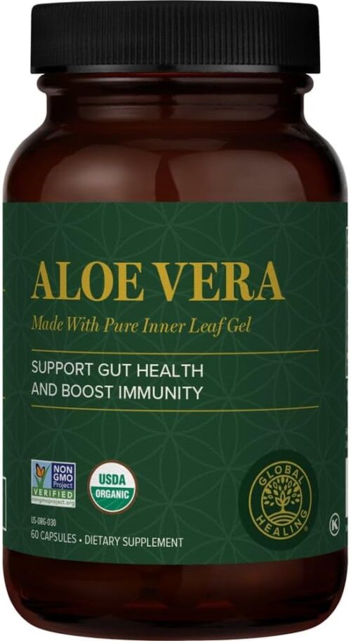 Global Healing Aloe Vera Bio-Active Organic Leaf Supplement – 200x Concentrate Formula with Highest Concentration of Acemannan – Aloin-Free – Gut Health & Immune Support – 60 Capsules