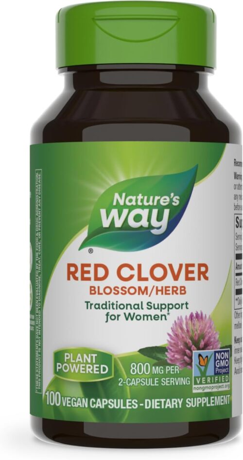 Nature’s Way Red Clover Blossom Herb, Traditional Health Support for Women*, 800 mg per 2-Capsule Serving, Non-GMO Project Verified, 100 Vegan Capsules (Packaging May Vary)