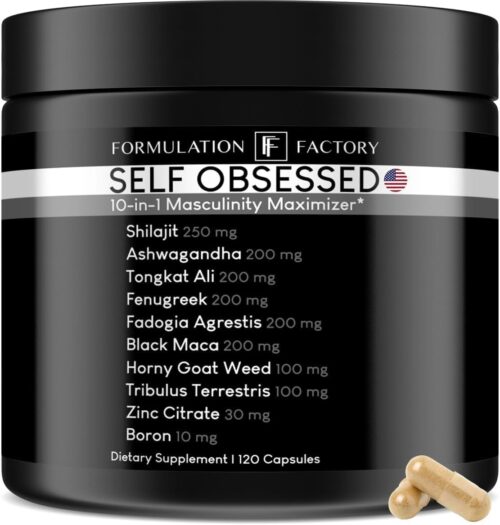 Self Obsessed 10 in 1 Masculinity Maximizer Supplement, Shilajit for Men, Tongkat Ali, Ashwaganda, Fenugreek Muscle Growth, Energy Management, Drive, Strength, Recovery 1-month supply (Pack of 1)