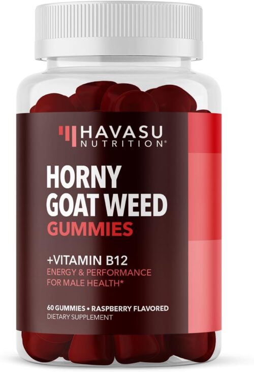 Horny Goat Weed Gummies with Vitamin B12 – Energy, Endurance & Performance Support for Male Health – 60 Count – Vegetarian-Friendly, Non-GMO, Pectin-Based – Raspberry Flavor, 1 Month Supply