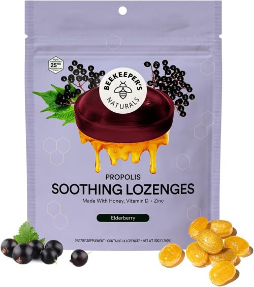 Beekeeper’s Naturals Soothing Honey Elderberry Cough Drops Immune Support with Vitamin D, Zinc and Propolis Throat Soothing Lozenges, 14 Ct