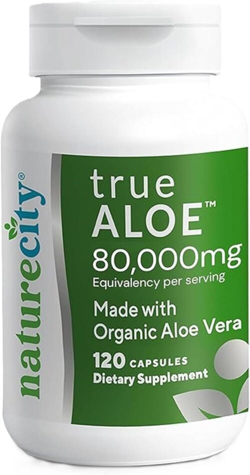 NatureCity True-Aloe 80,000mg Aloe Vera Gel Equivalent Per Serving – Made with Organic Aloe Vera (120 Capsules) Digestive, Skin and Joint Support | Small Easy-to-Swallow Pills