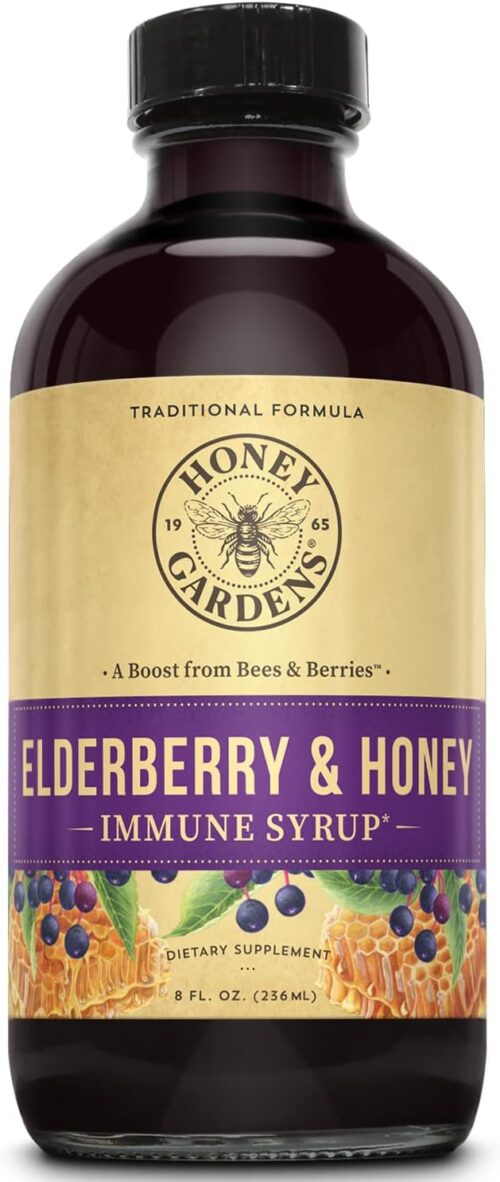 Honey Gardens Elderberry & Honey Immune Syrup – Black Elderberry Syrup for Adults & Kids, Natural Throat Defense Wellness Supplement with Propolis & Organic Apple Cider Vinegar – 8 Fl Oz