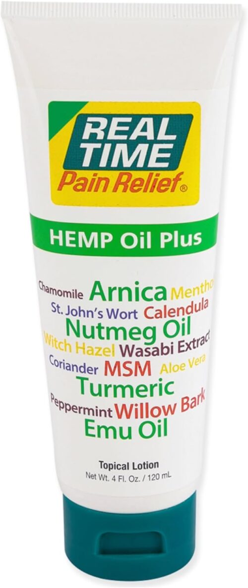 Real Time Pain Relief Hemp Oil Plus – 4oz Tube | Advanced Formula with Hemp Oil and 19 Natural Ingredients | Relieves Joint and Muscle Discomfort | Includes Arnica, Turmeric, MSM, and Emu Oil