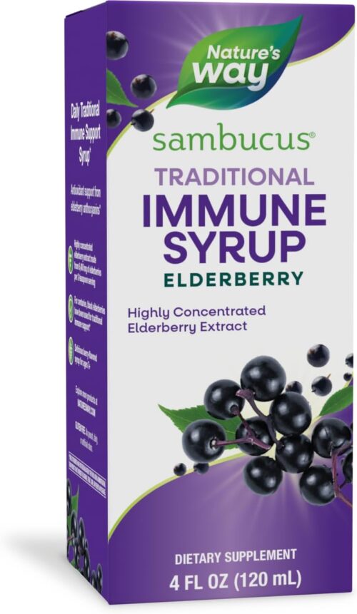 Nature’s Way Sambucus Elderberry Traditional Immune Syrup, Highly Concentrated Black Elderberry Extract, Traditional Immune Support*, Delicious Berry Flavored, 4 Fl Oz (Packaging May Vary)