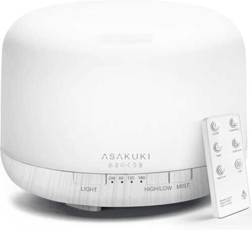 ASAKUKI 500ml Premium Essential Oil Diffuser with Remote Control, 5 in 1 Ultrasonic Aromatherapy Fragrant Oil Humidifier Vaporizer, Timer and Auto-Off Switch (White)