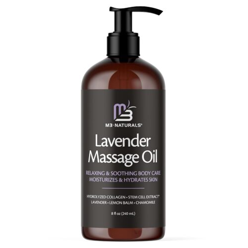Lavender Massage Oil with Collagen and Stem Cells, Skin Tightening Therapy for Bum, Thighs, and Belly, Fast-Absorbing Cellulite Oil by M3 Naturals