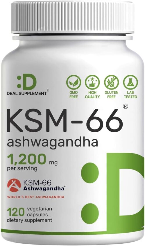 KSM 66 Ashwagandha 1,200mg with Black Pepper, 120 Veggie Capsules – Extra Strength Root Extract – High Absorption – Adaptogenic Supplements for Relaxation, Energy, & Brain Health – Non-GMO