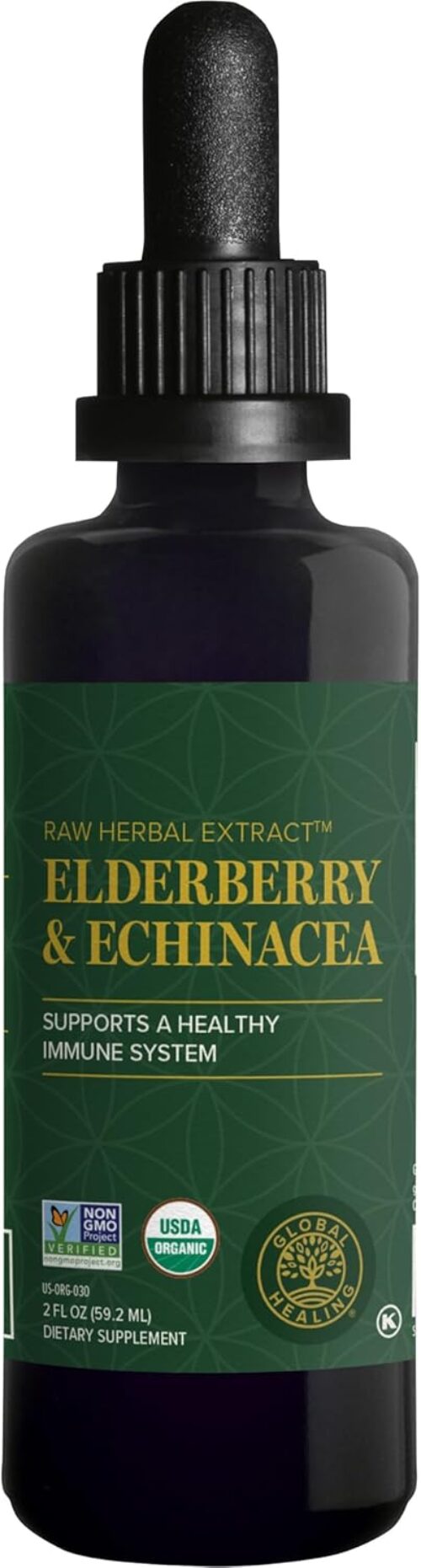 Global Healing Center USDA Organic Elderberry & Echinacea Liquid Supplement Tincture | Antioxidant Immune Support Against Harmful Organisms for Adults and Kids, Vegan, Non-GMO, 2-Month Supply (2 Oz)