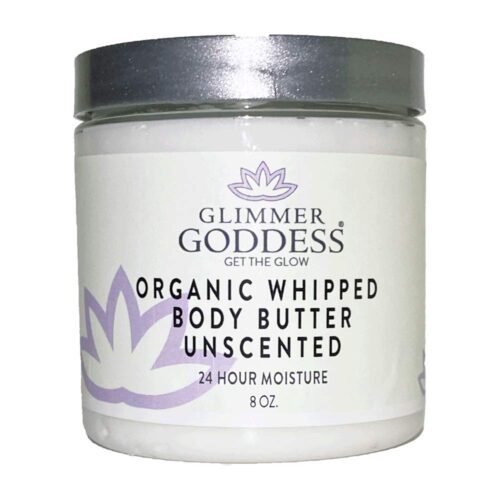 GLIMMER GODDESS Organic Whipped Body Butter – Unscented, Vegan, 24 hour Hydration, Reduces Stretch Marks, For Eczema and all Skin Types, Baby Friendly, Organic Ingredients 8 oz