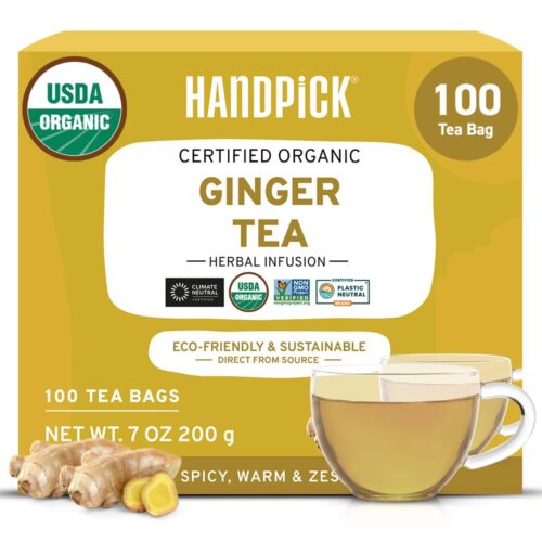 HANDPICK, Organic Ginger Tea Bags (100 Herbal Tea Bags), Caffeine Free & 100% Pure Ginger Root | Naturally Supports Digestion | Soothing & Spicy Blend | Round Eco Conscious Teabags