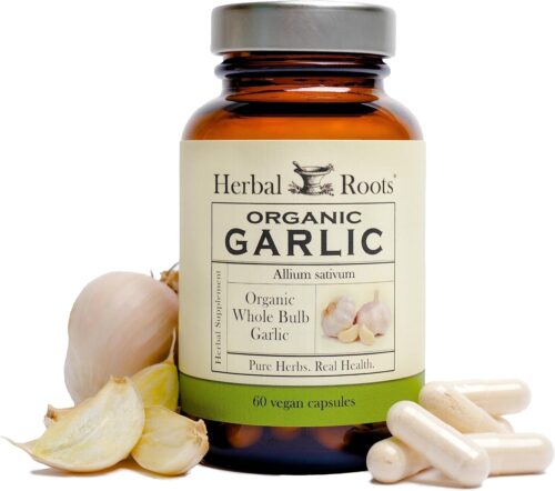 Herbal Roots Organic Whole Bulb Garlic Pills – Potent Extra Strength | 600 mg – 60 Organic Vegan Capsules