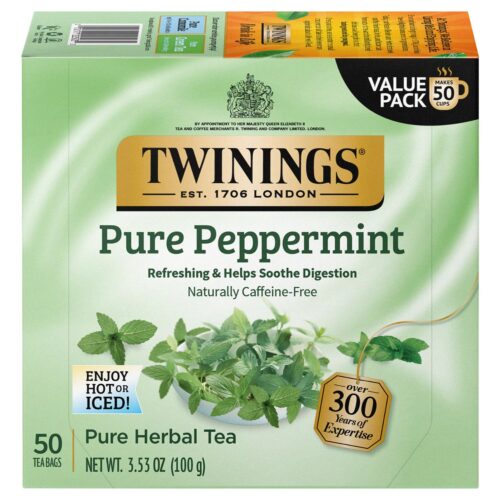 Twinings Pure Peppermint Tea – Naturally Caffeine Free, Refreshing Mint Herbal Tea Bags Individually Wrapped, 50 Count