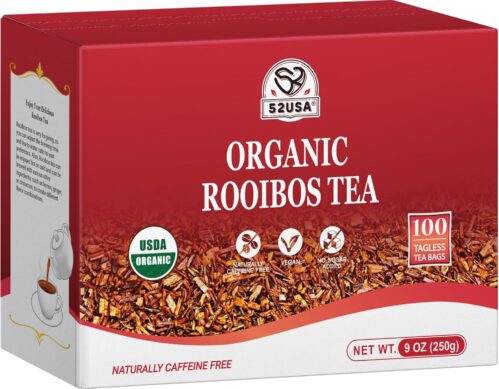 52USA Rooibos Tea Organic, 100 Tea bags, Pure Premuim Rooibos Tea, Naturally Sweet Herbal Tea, Caffeine Free Rooibos Tea, Farmed in South Africa, 9oz (250g)
