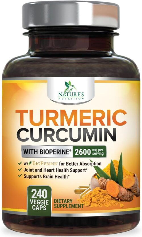 Turmeric Curcumin Supplement with BioPerine 95% Curcuminoids 2600mg with Black Pepper for Best Absorption, Bottled in USA, Best Natural Vegan Joint Support, Nature’s Non-GMO Tumeric – 240 Capsules