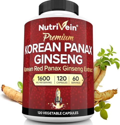 Nutrivein Premium Korean Red Panax Ginseng Supplement 1600 mg – 120 caps – Powerful Korean Red Ginseng for Vitality, Clarity, Performance, & Defenses