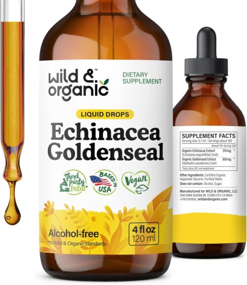 Wild & Organic Echinacea Goldenseal Tincture – Immune Support Drops with Echinacea and Goldenseal Root Extract – Vegan, Sugar & Alcohol-Free Liquid Supplement – 4 fl oz