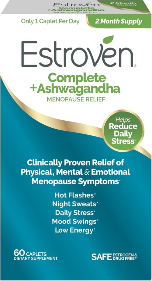Estroven Complete + Ashwagandha Multi-Symptom Menopause Supplement for Women – 60 Ct. – Clinically Proven Ingredients Provide Menopause Relief & Night Sweats + Hot Flash Relief* – Drug-Free & Non-GMO