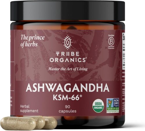 TRIBE ORGANICS Ashwagandha KSM 66 Pure Organic Root Powder Extract Ayurvedic Supplement – Focus Mood Support Increase Energy Strength 600mg of Natural KSM66 for Superior Absorption – 90 Capsules