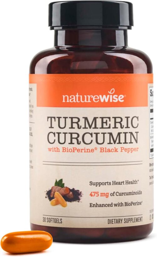 NatureWise Turmeric Curcumin 500mg with Black Pepper Softgels – Extra Strength, Enhanced Absorption – 95% Curcuminoids & BioPerine for Immune Support – Gluten-Free, Non-GMO – 30 Count[1-Month Supply]