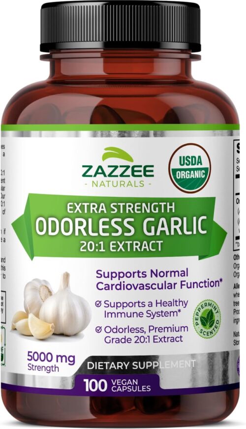 Zazzee USDA Organic Odorless Garlic 20:1 Extract, 5000 mg Strength, 100 Vegan Capsules, 3+ Month Supply, Standardized, Concentrated 20X Extract, 100% Vegetarian, All-Natural, Non-GMO, Made in The USA