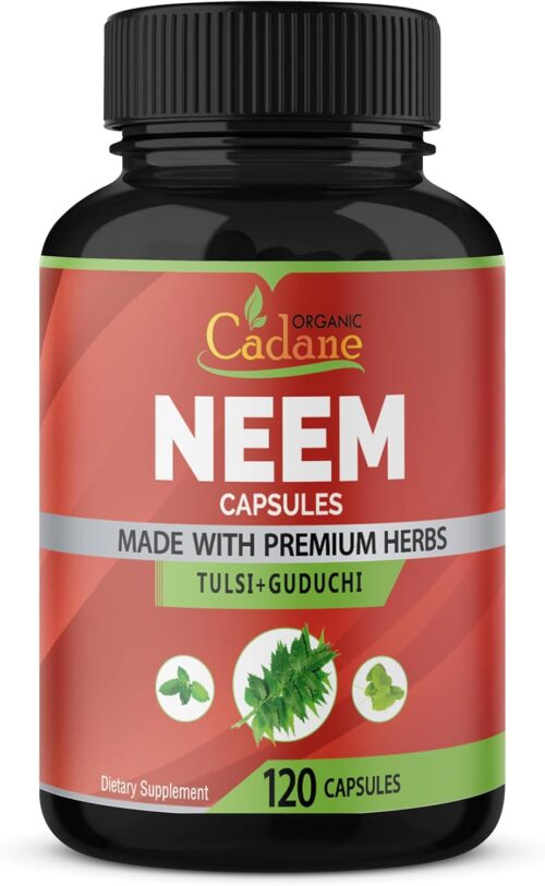 Organic Cadane Neem Leaf Supplements Capsules with Holy Basil Tulsi, Guduchi, 120 Vegetable Capsules | Supports Immune System | Fresh Pure Powder Leaves Herbs