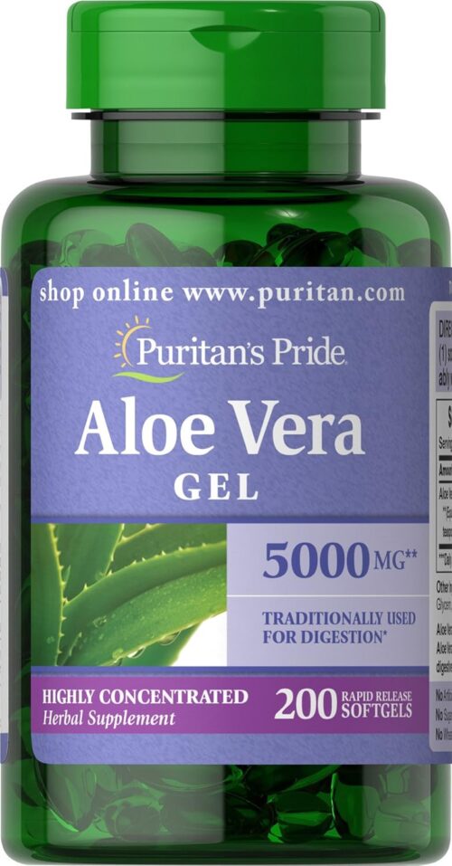 Puritan’s Pride Aloe Vera Gel Extract 25 mg (5000mg equivalent), Highly Concentrated Herbal Supplement, 200 Rapid Release Softgels (Packaging may vary)