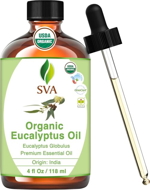 SVA Eucalyptus Essential Oil Organic – 4 Fl Oz – 100% Natural Organic Eucalyptus Oil – for Diffuser, Hair, Face, Skin Care, Aromatherapy, Scalp and Body Massage, Soap and Candle Making – with Dropper
