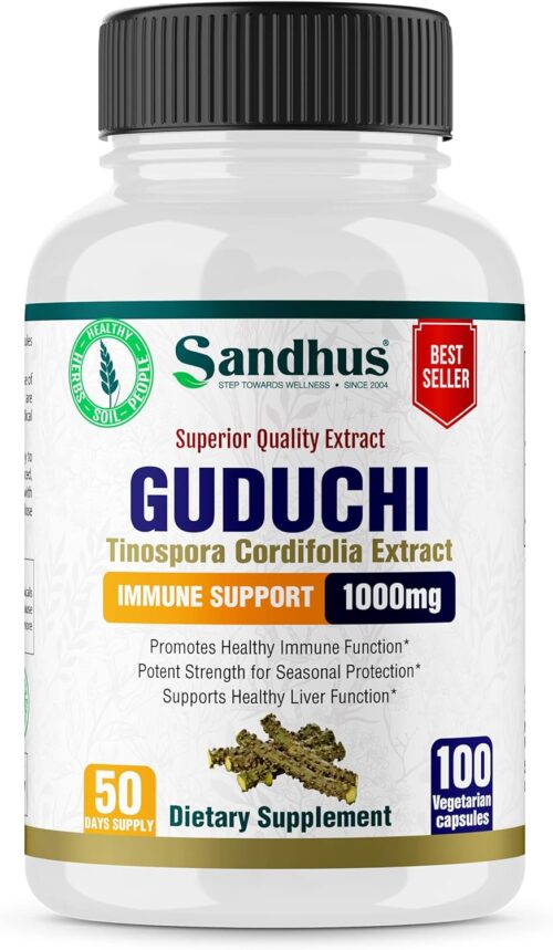 Sandhu’s Guduchi (Tinospora Cordifolia) Giloy 100 Vegetarian Capsules Immune Support 1000mg per Serving