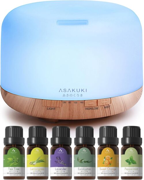 ASAKUKI Oil Diffuser with Essential Oils Set, 500ml Aromatherapy Humidifier with 14 LED Colors & Auto Shut-Off – 6 Oil Gift Pack(Lavender Eucalyptus Tea Tree Orange Peppermint Lemongrass)