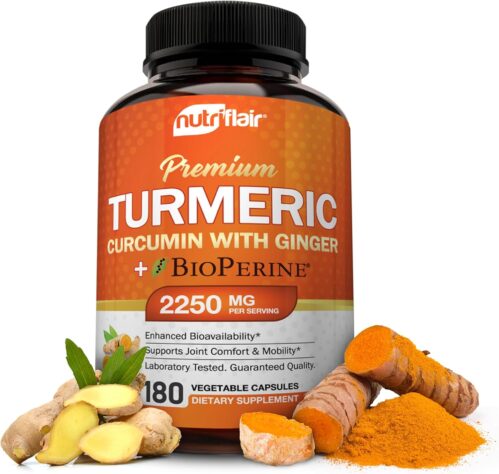 NutriFlair Turmeric Curcumin with Ginger and BioPerine Black Pepper Supplements, 180 Capsules – 95% Curcuminoids – Joint Support, Antioxidant, Anti Aging – Natural, Non-GMO, Vegan Best Maximum Potency