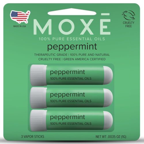 MOXĒ Peppermint Essential Oil Nasal Inhaler, Therapeutic No-Mess Aromatherapy, Cooling, Refreshing, Invigorating, Uplifts Mood and Positivity, Pure and Undiluted, Made in USA (3 Pack)`