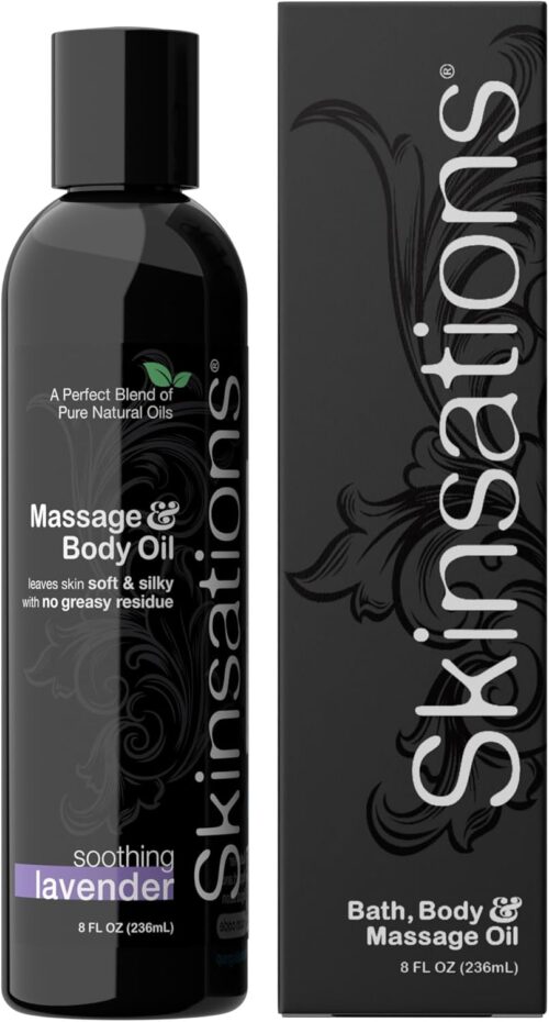 Skinsations – Lavender Massage Oil for Massage Therapy – 8oz | Muscle Relaxing Blend of Sweet Almond, Fractionated Coconut, Grapeseed and Jojoba Oil | Scented Body Oil, Sore Muscles, Aromatherapy