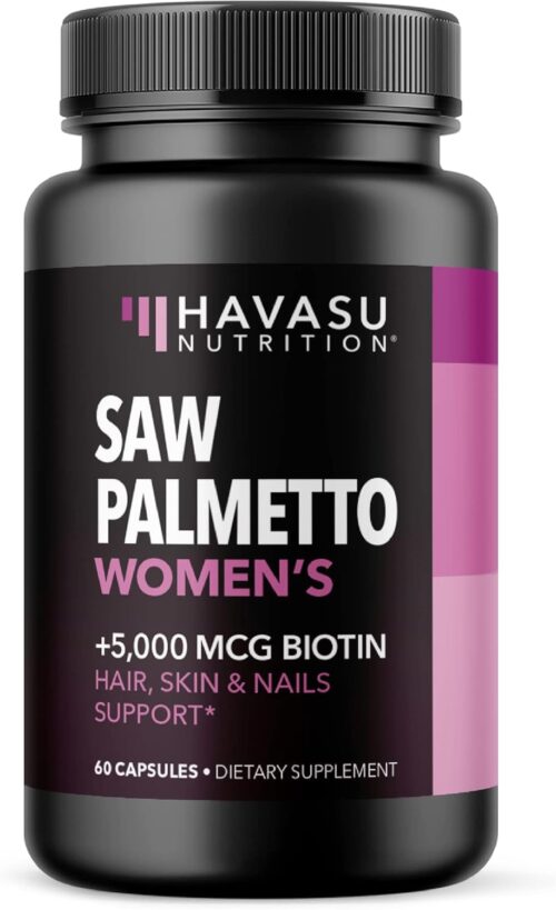 Saw Palmetto for Women with Biotin 5000mcg – Powerful DHT Blocker to Support Hair, Skin, and Nail Health – 60 Count – Vegan, Non-GMO Vitamin for Stronger, Fuller Looking Locks – 1 Month Supply