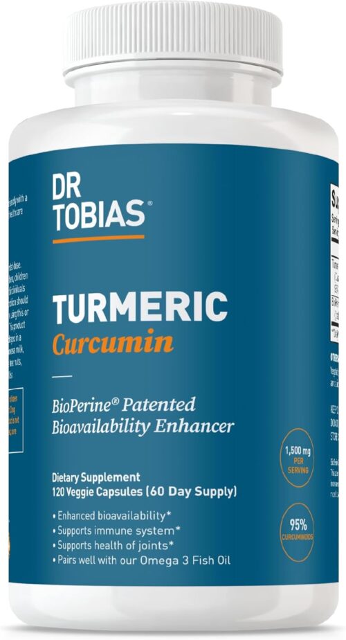 Dr. Tobias Turmeric Curcumin Supplement with BioPerine & Black Pepper, Extra Strength Curcumin Supplements for Joint Support,1500 mg per dose with 95% Curcuminoids, 120 Capsules