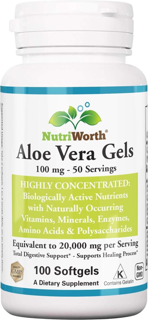 Aloe Vera Supplement (100 Softgels) 20,000mg Pure Gel Equivalency – Made with Organic Aloe Vera
