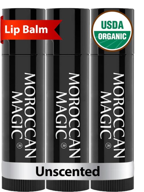 Organic Moroccan Magic Lip Balm 3 Pack | Original Unscented Lip Balm Set | Chapsticks for Dry Lips | Made with Natural Argan, Essential Oils Lip Moisturizer and Vitamin E | Smooth Application