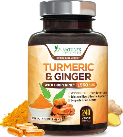 Turmeric Curcumin Supplement 1950mg with Organic Turmeric & Ginger, 95% Curcuminoids, BioPerine Black Pepper for Best Absorption, Nature’s Vegan Joint Support, Non-GMO, Bottled in USA – 240 Capsules