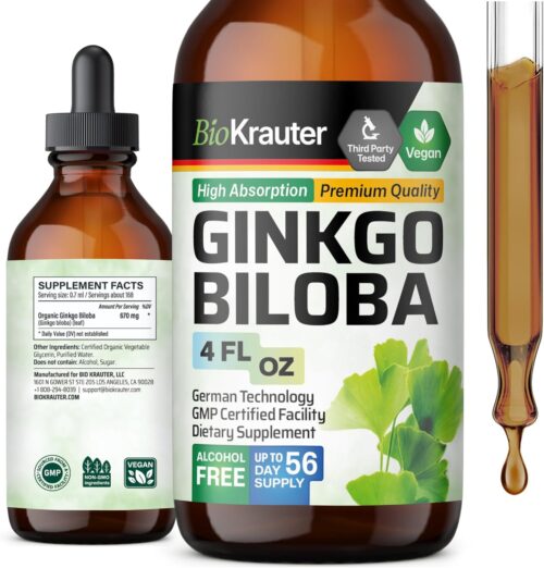 BIO KRAUTER Ginkgo Biloba Extract – Liquid Ginkgo Biloba Supplements for Brain – Vegan, Alcohol & Sugar Free – 4 Fl Oz
