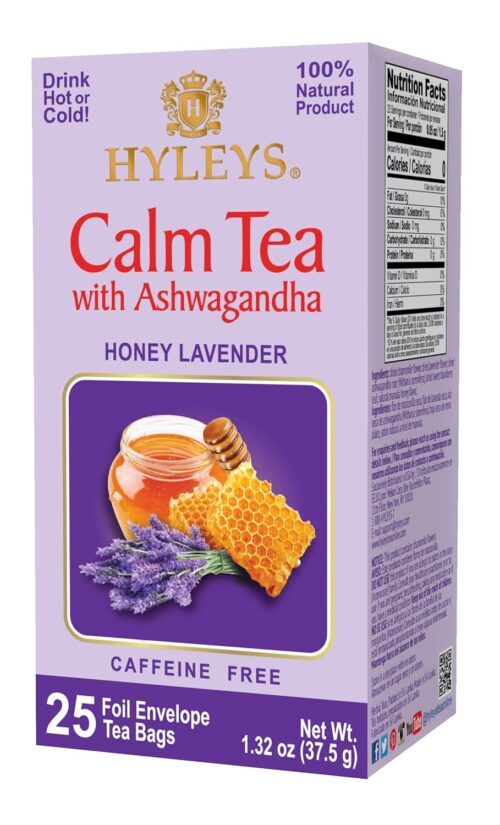 Hyleys Calm Tea with Ashwagandha – Lavender & Honey Flavor – Caffeine-Free, 100% Natural Herbal Tea – 25 Tea Bags