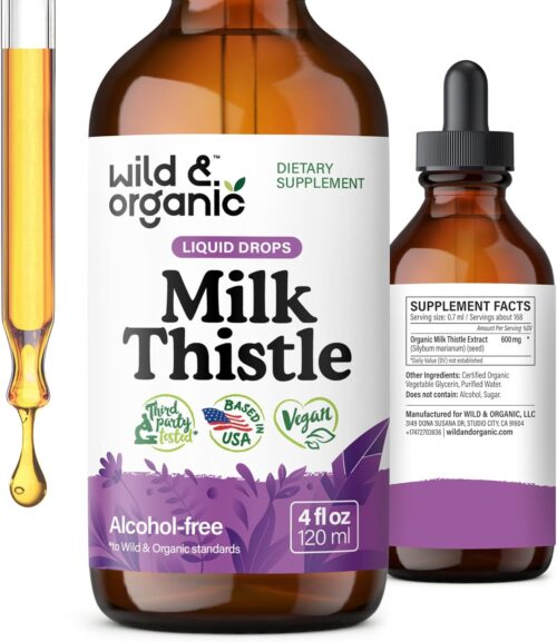 Wild & Organic Milk Thistle Liquid Drops – Liver Cleanse Detox – Silymarin Milk Thistle Supplement for Liver Support – Silybum Marianum Seed Extract Tincture – Vegan, Sugar & Alcohol-Free – 4 fl oz