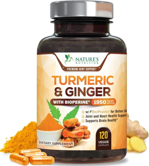 Turmeric Curcumin Supplement 1950mg with Organic Turmeric & Ginger, 95% Curcuminoids, BioPerine Black Pepper for Best Absorption, Nature’s Vegan Joint Support, Non-GMO, Bottled in USA – 120 Capsules
