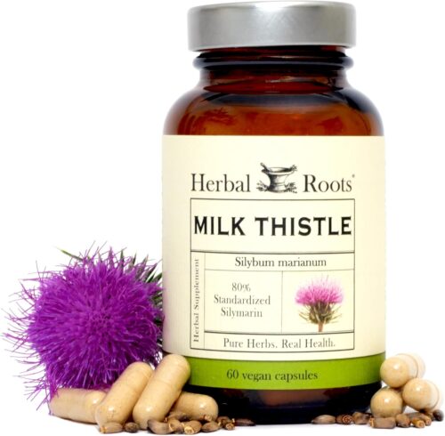 Herbal Roots Milk Thistle Capsules | Extra Strength 80% Silymarin Herbal Supplement | Made with Pure Organic Milk Thistle | Vegan and GMO Free