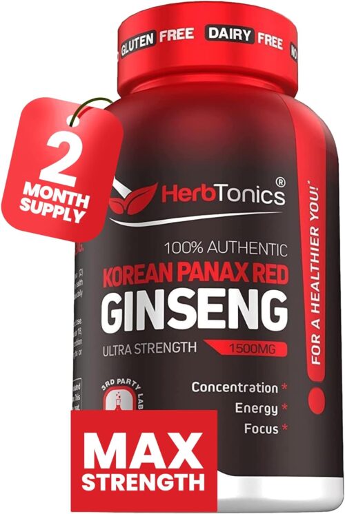 Herbtonics Korean Red Panax Ginseng 1500mg – High Potency Ginseng for Energy, Performance & Immune Support for Men & Women – Ginseng Root Extract Powder Supplement for Focus and Vitality -120 Capsules