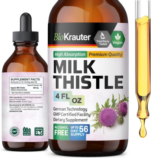 BIO KRAUTER Milk Thistle Extract Liquid – Silymarin Milk Thistle Supplement – Vegan, Alcohol & Sugar Free Liver Cleanse Detox Drops – 4 fl oz