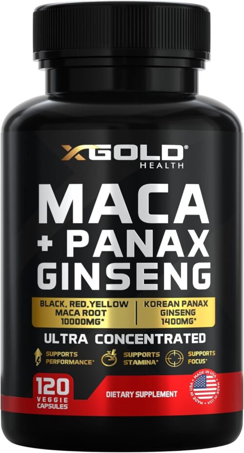 Maca Root Capsules 10,000mg + Korean Panax Ginseng 1,400mg – 20x Concentrated Extract Black + Red + Yellow Maca Root, 10x Concentrated Extract Panax Ginseng Capsules – Ultra Potent & Highly Purified
