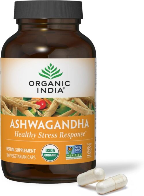 ORGANIC INDIA Ashwagandha Capsules – Organic Ashwagandha Supplement – Vegan Ashwagandha Root, Gluten-Free, Kosher, Non-GMO, Supports Stress Relief, Energy, and Sleep – 180 Capsules