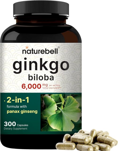 NatureBell Ginkgo Biloba 6,000mg with Panax Ginseng 500mg Per Serving | 300 Capsules – Max Strength Ginko Biloba Extract Supplements – Promotes Memory, Focus, and Brain Health